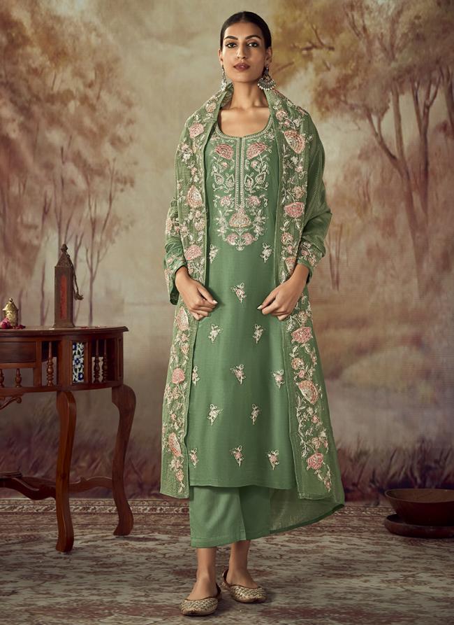 Russian Silk Pista Green Eid Wear Embroidery Work Salwar Suit